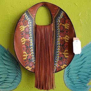 Boho Brown Vegan Aztec Floral Purse Fringe Handbag